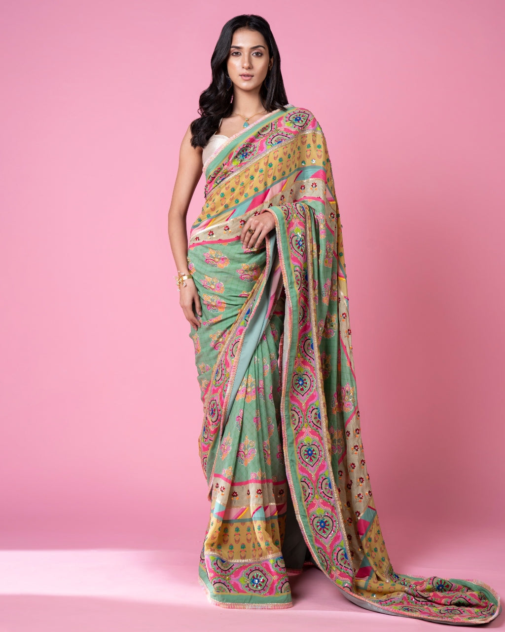 Sage Green Multi Border Embroidered Sari Set