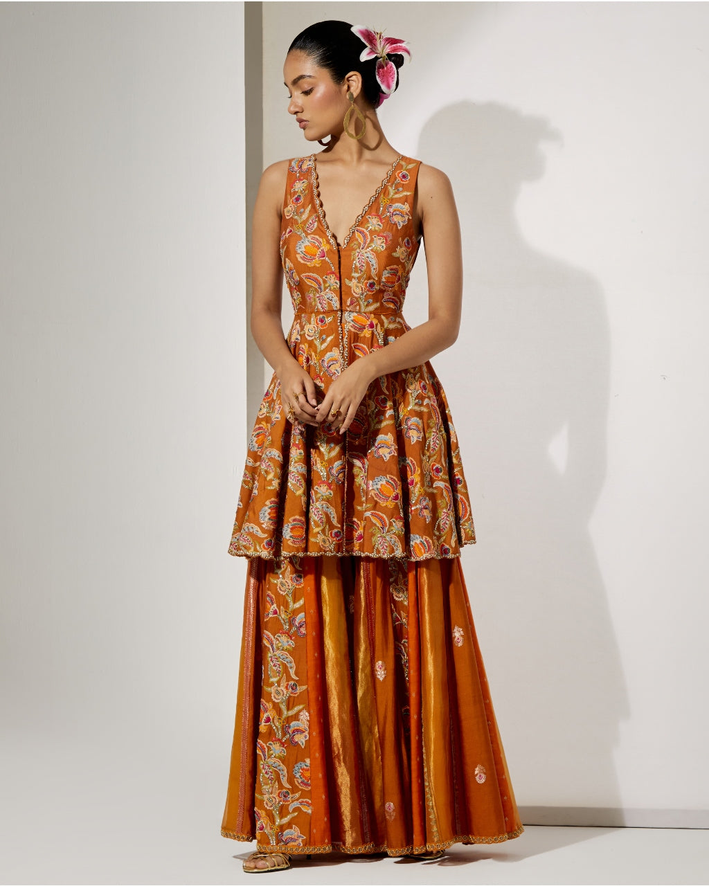 Rust Bloom Peplum Sharara Set