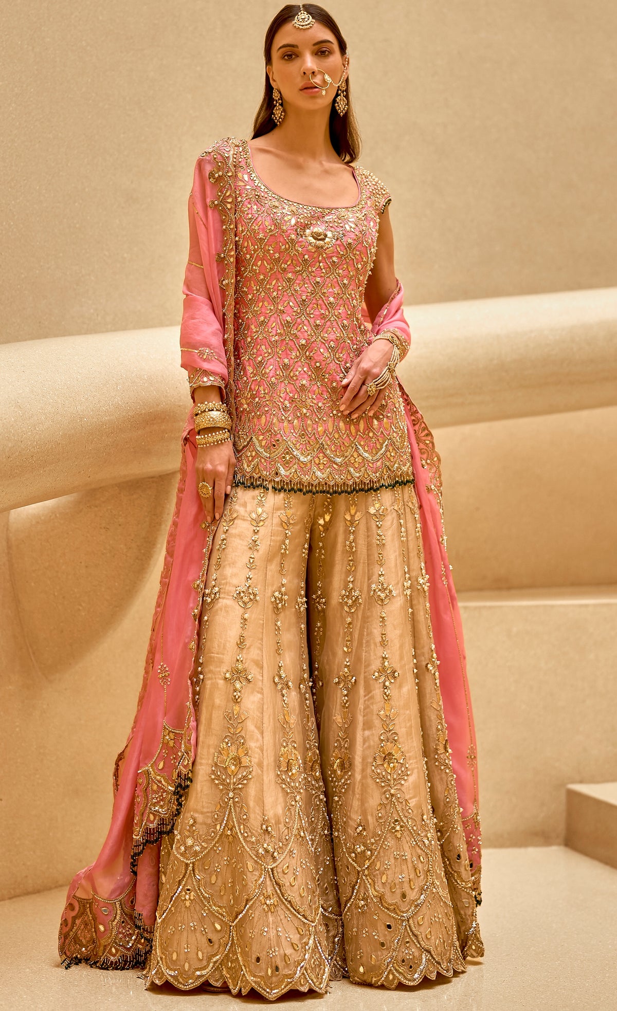 Onion Pink And Gold Sharara Set