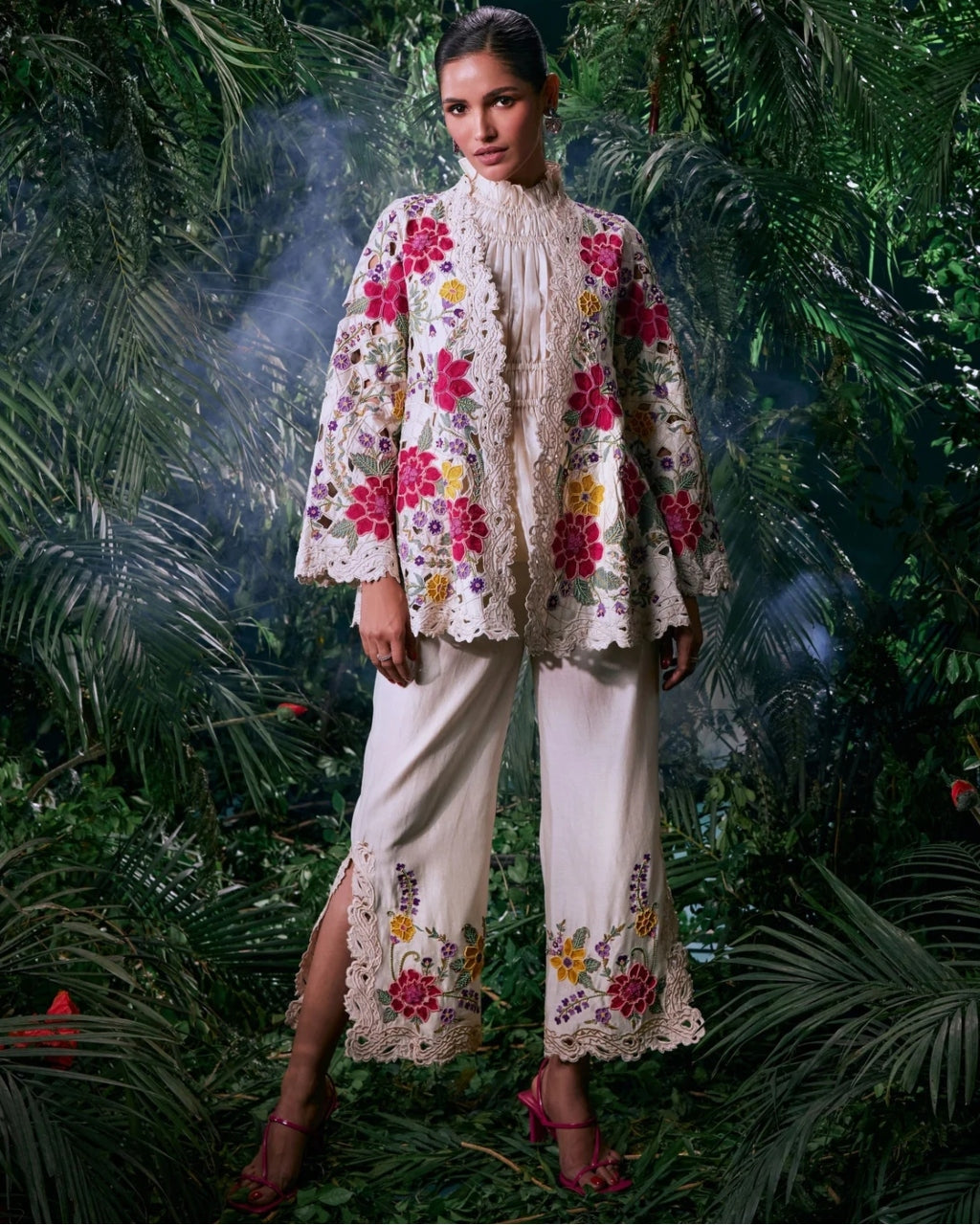 Ivory Floral Embroidered Pant Set
