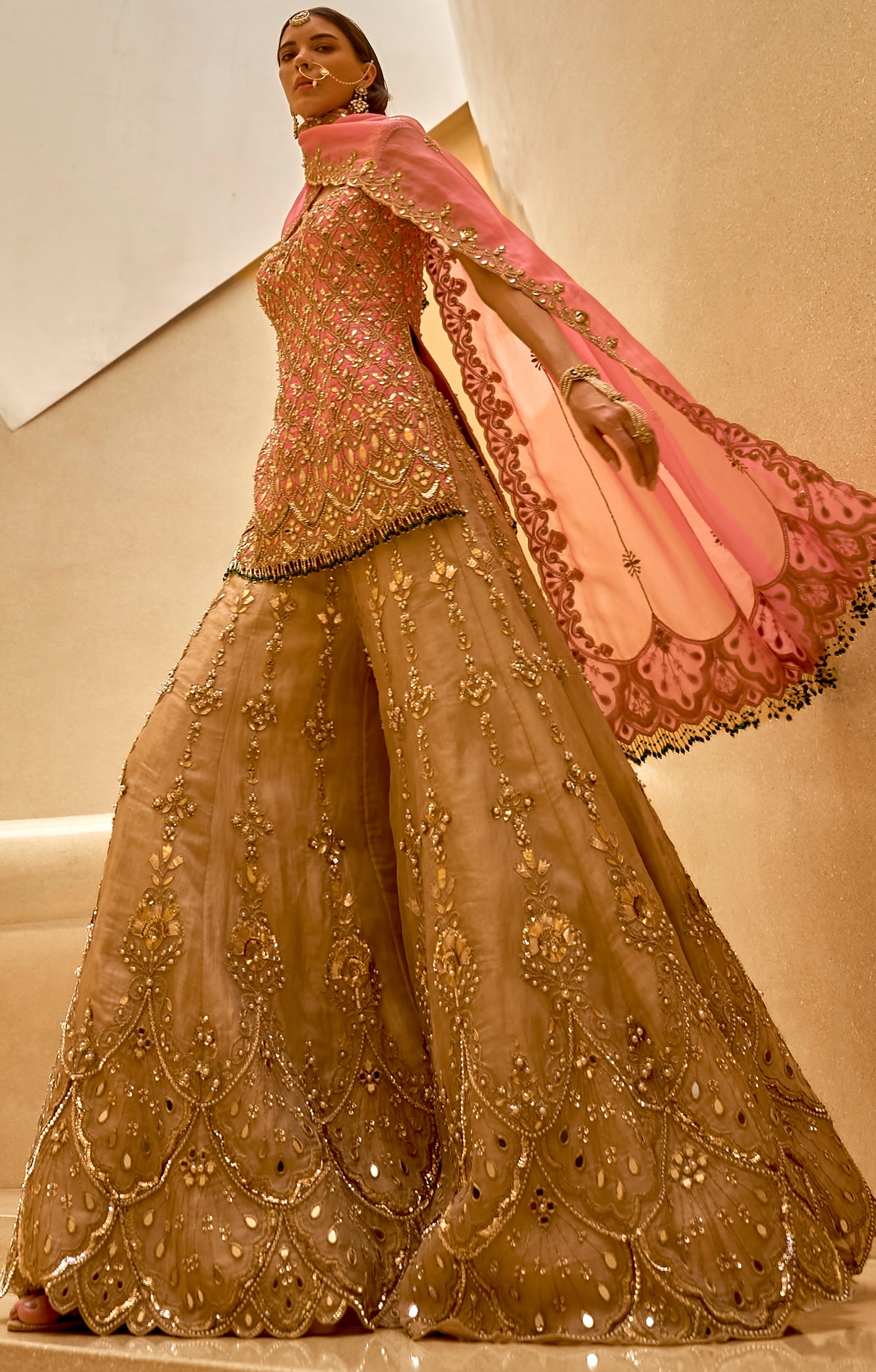 Onion Pink And Gold Sharara Set