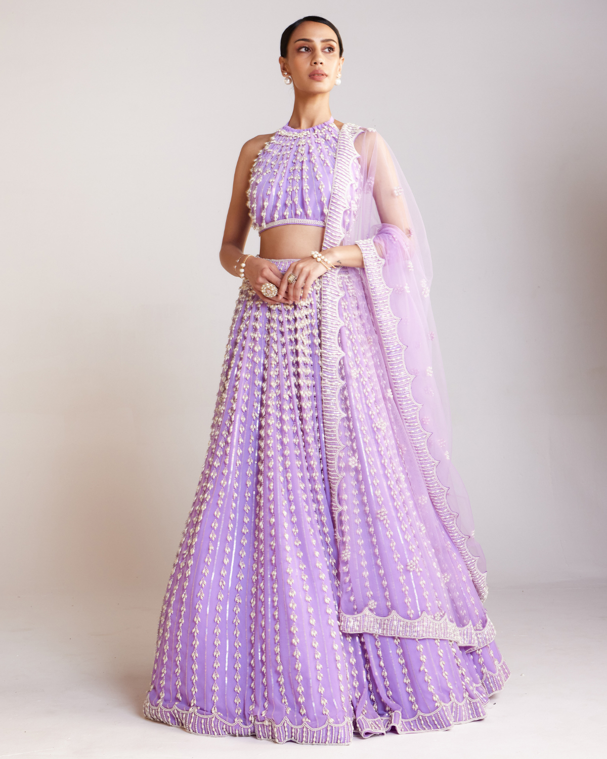 Lilac Pearl Embellished Lehenga Set by VVani by Vani Vats