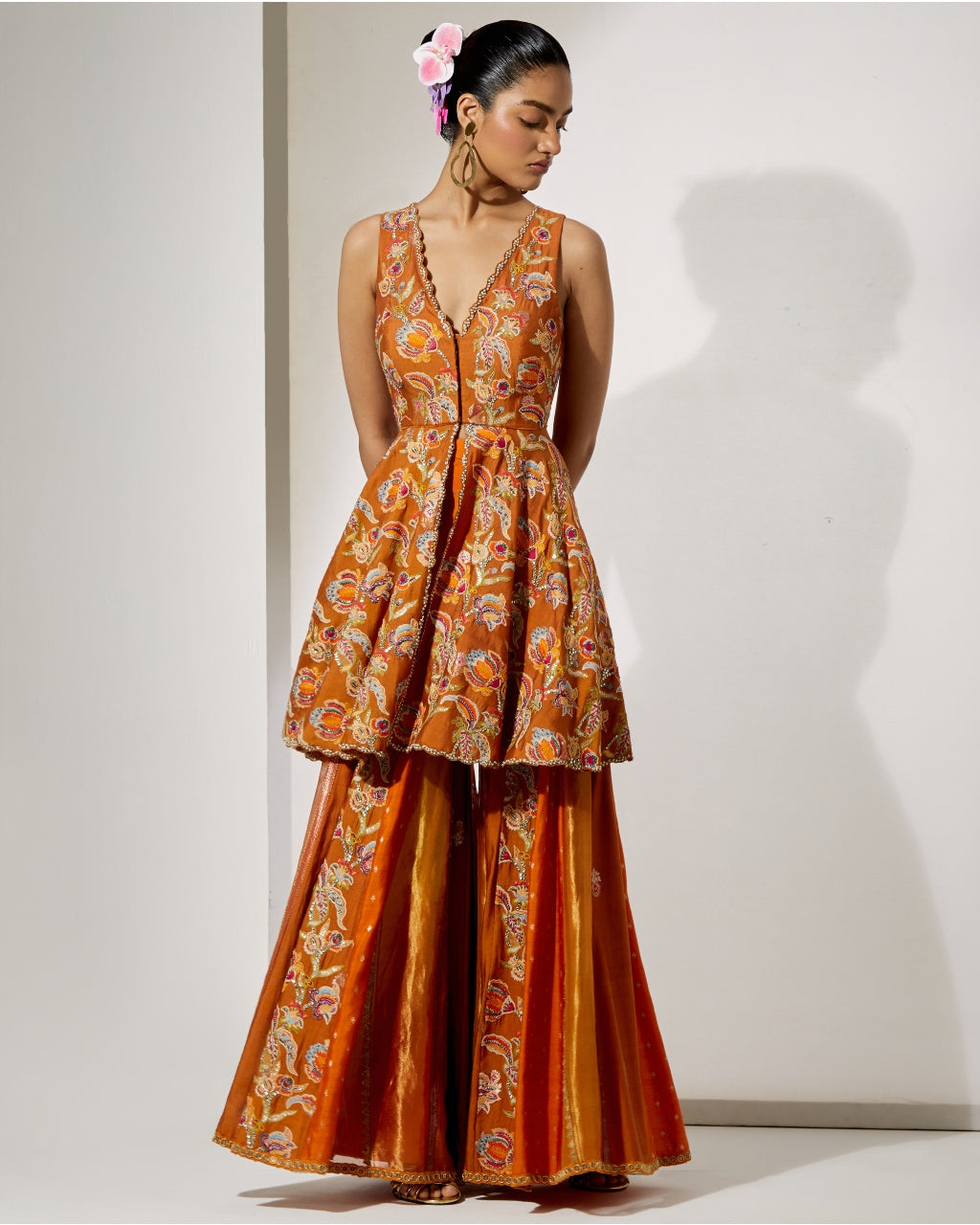 Rust Bloom Peplum Sharara Set