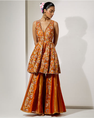 Rust Bloom Peplum Sharara Set