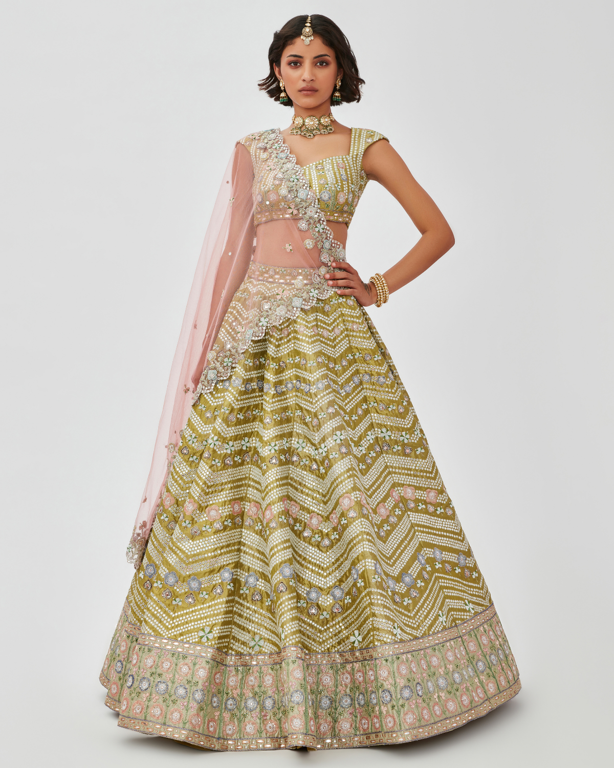 Lime Green Tissue Embellished Lehenga Set by Aisha Rao