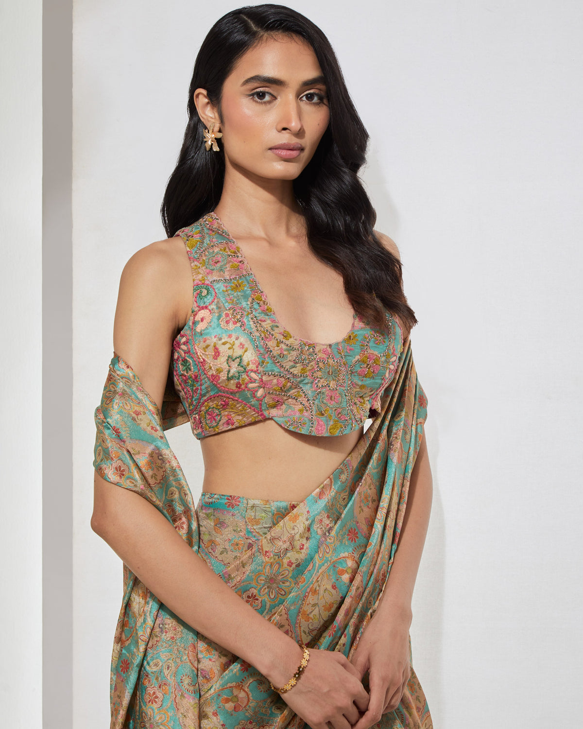 Aqua Paisley Sari With Corset