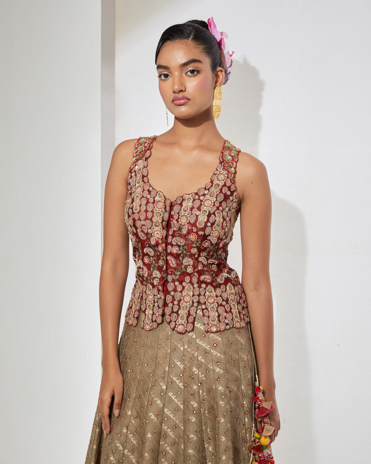 Maroon Peplum Corset & Bandhani Lehenga