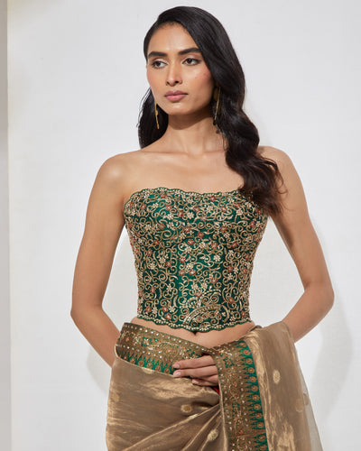 Antique Gold & Emerald Sari With Corset