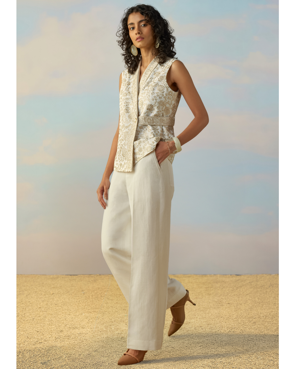 Linen Embroidered Waistcoat & Straight-Cut Pant Set