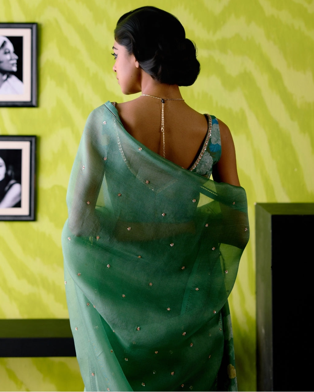 Green Apple Organza Sari With Blouse Set