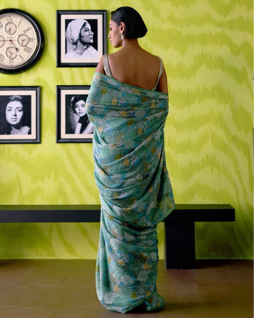 Green Apple Floral Print Sari With Blouse Set