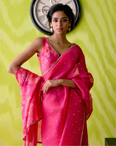 Fuchsia Pink Half And Half Sari With Blouse Set