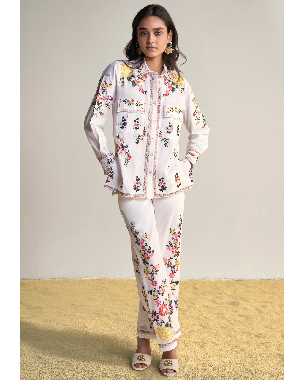Placement Floral Embroidered Poplin Pant Set