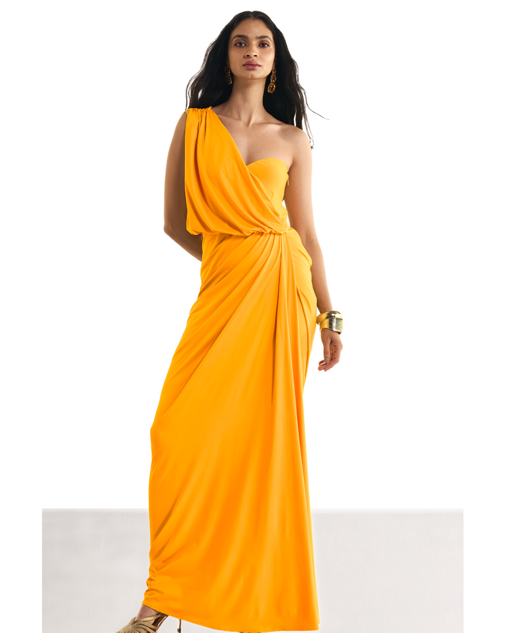 One Shoulder Draped Knit Sari Gown