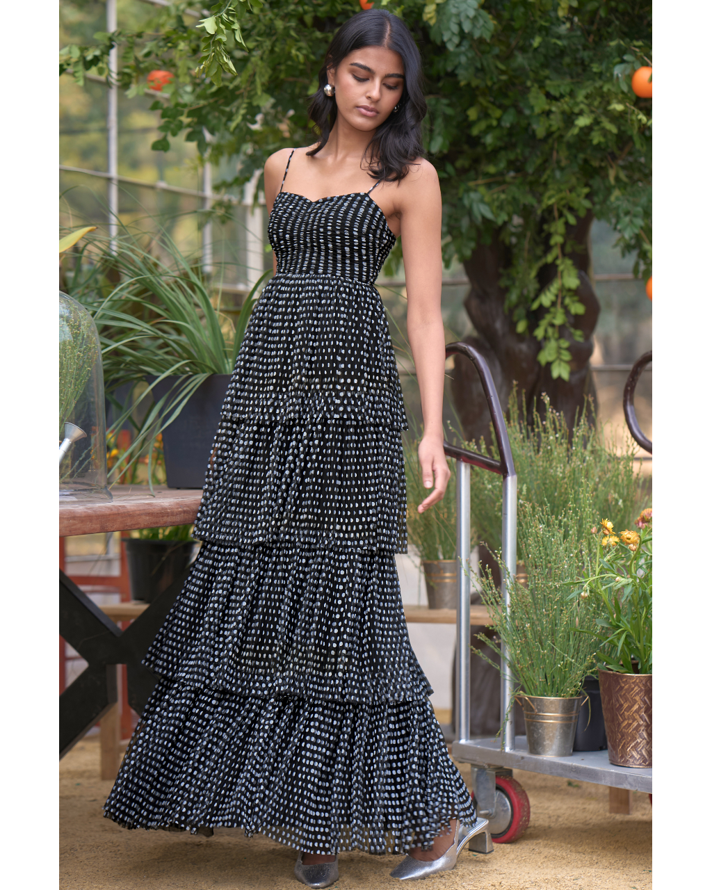 Pleated Polka Dot Tiered Maxi