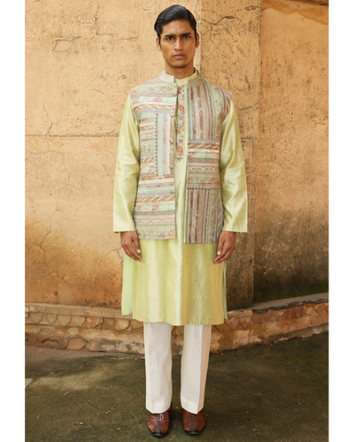 Mint Green Silk Kurta Set With Brocade Jacket