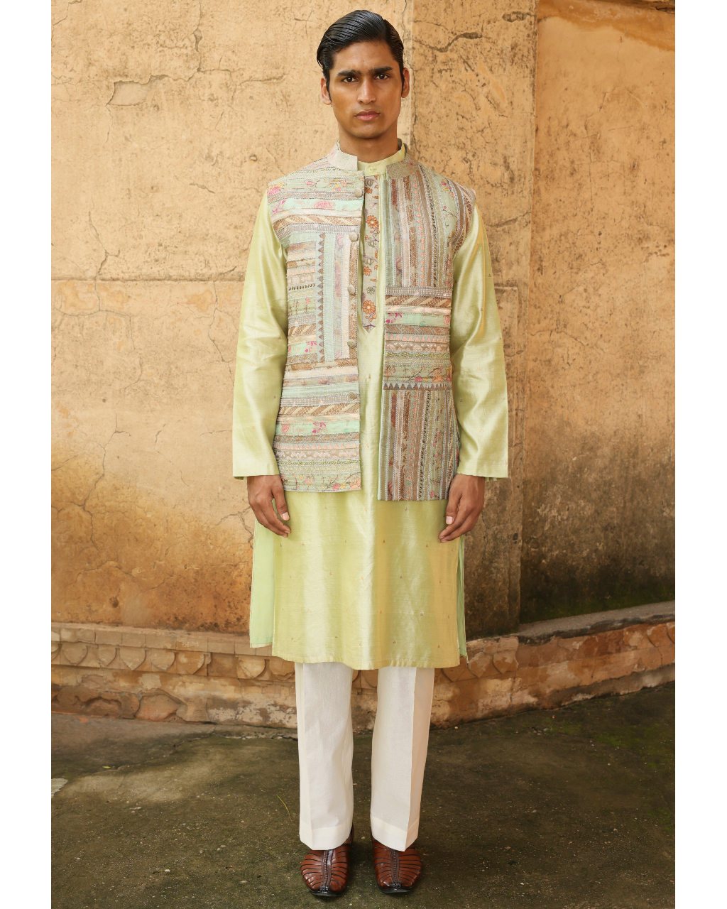 Mint Green Silk Kurta Set With Brocade Jacket