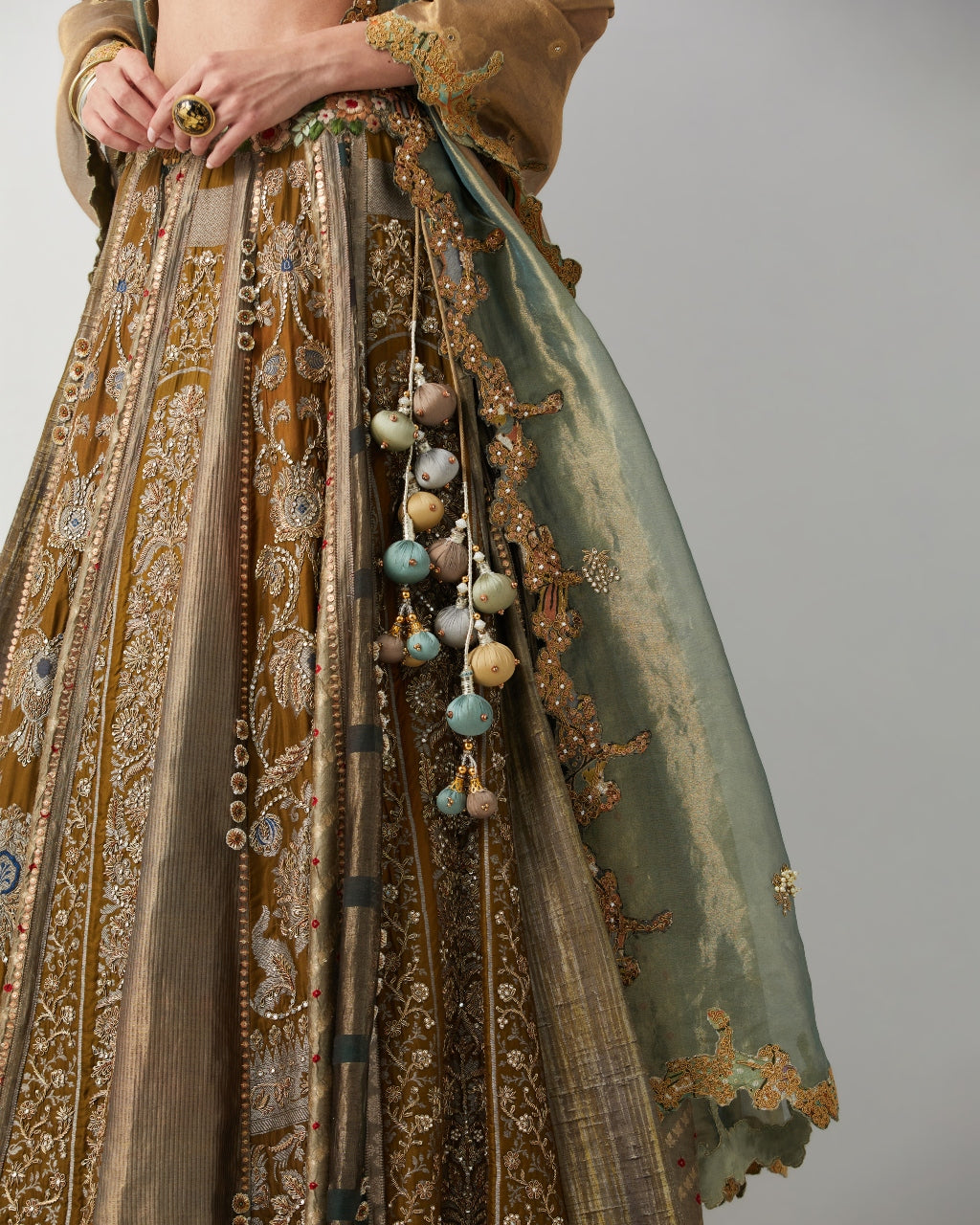 Olive Green Hand Embroidered Silk Brocade Lehenga Set