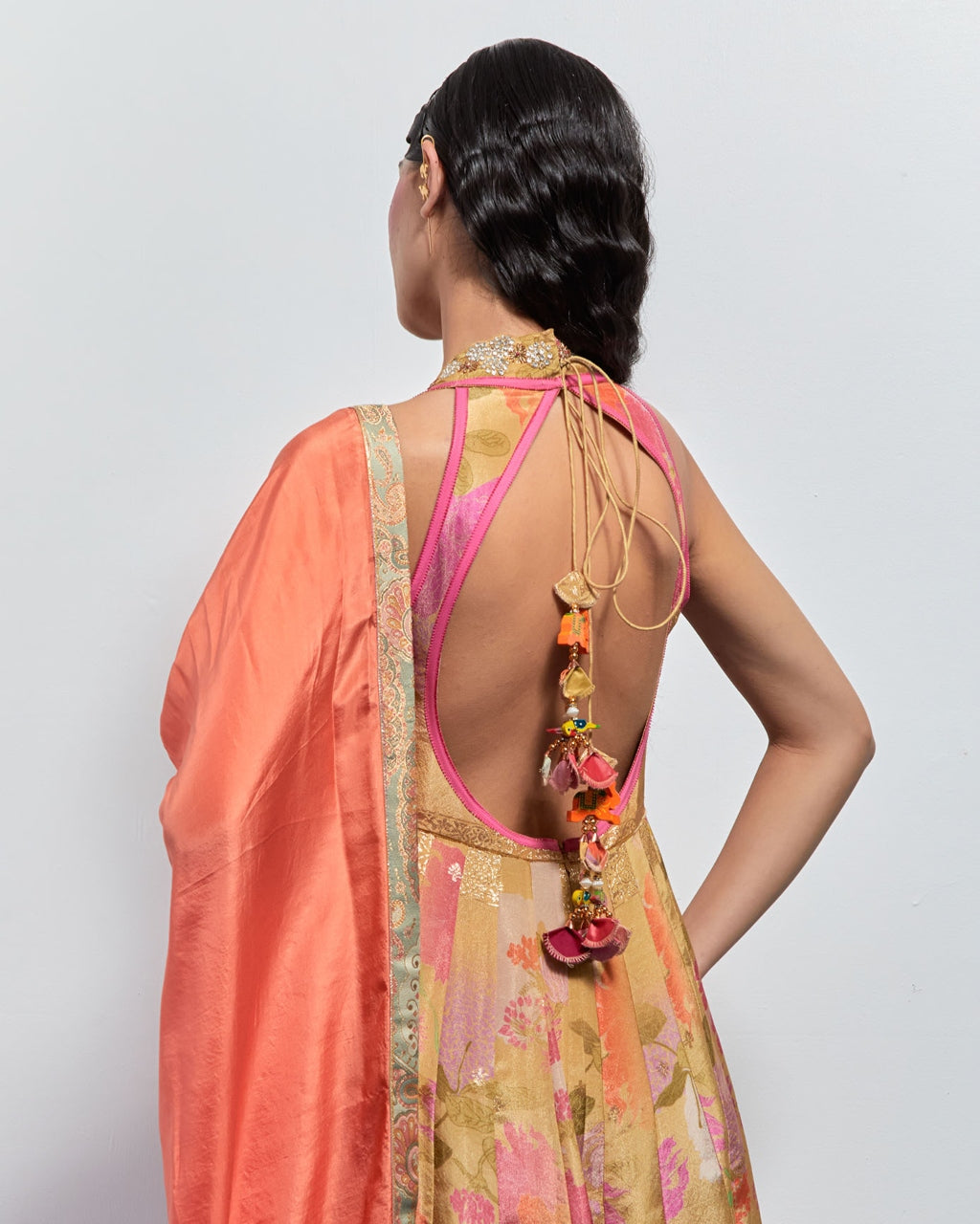 Beige Yellow Floral Embroidered Anarkali Set