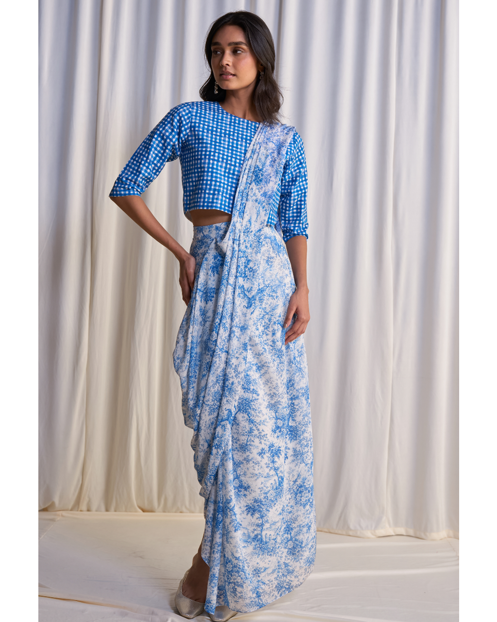 Linen Madras Check Print Top & Toile Print Sari Drape Skirt
