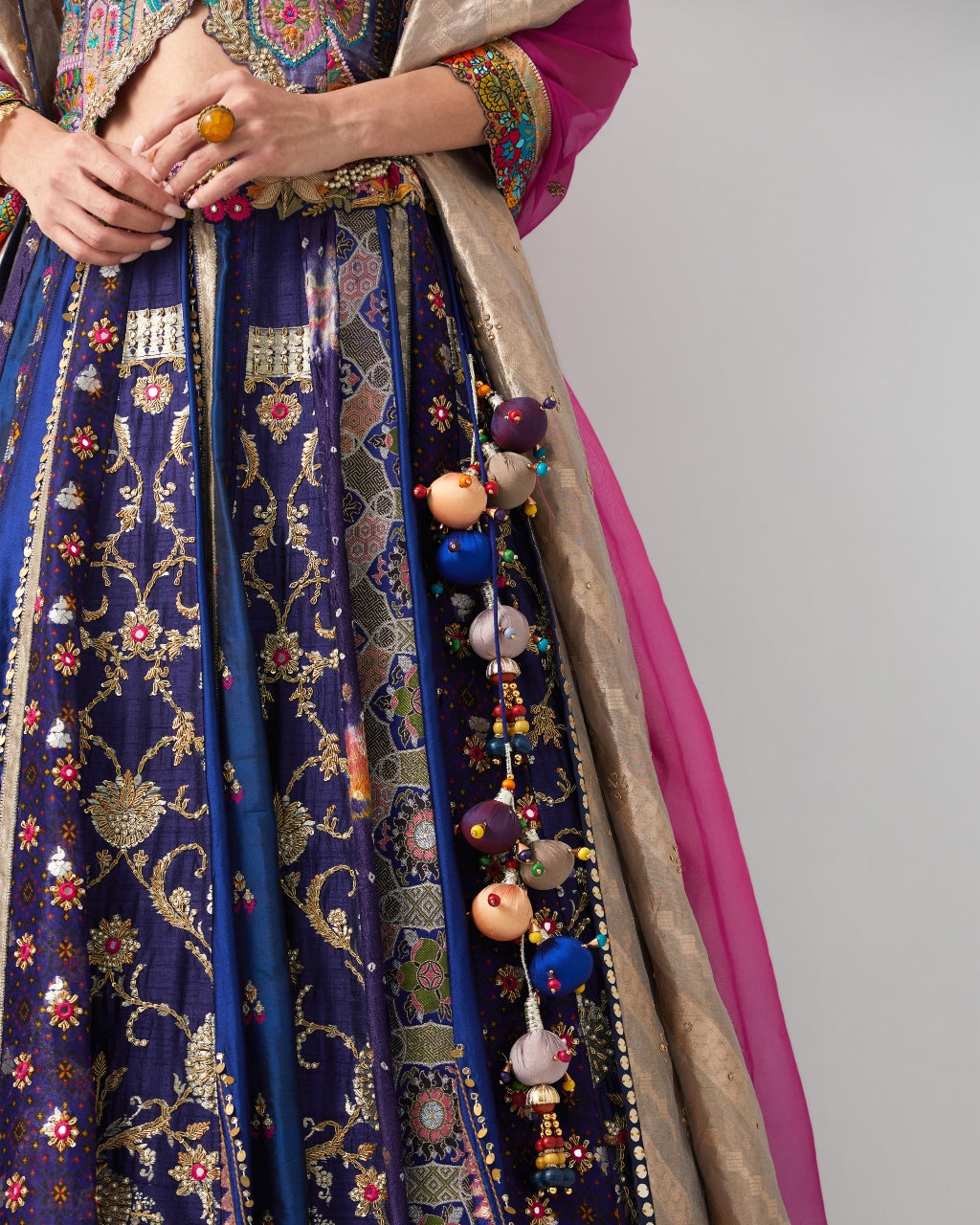 Royal Blue Silk & Brocade Lehenga Set With Corset And Organza Dupatta