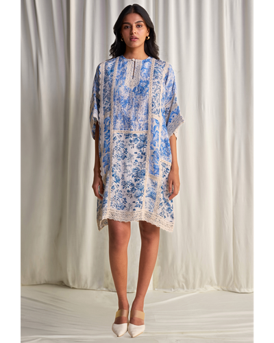 Silk-Linen Porcelain Print Patchwork Dress