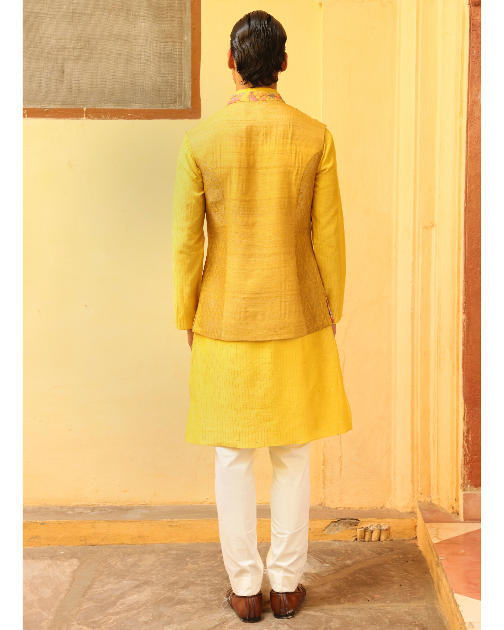 Sunshine Yellow Silk Brocade Jaal Bandi Set