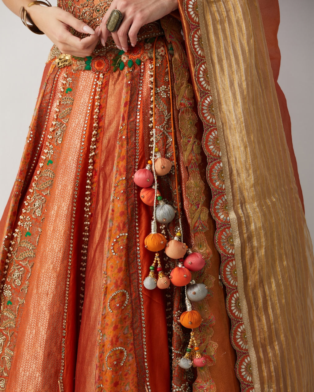 Roasted Carrot Hand Embroidered Lehenga Set With Organza Dupatta