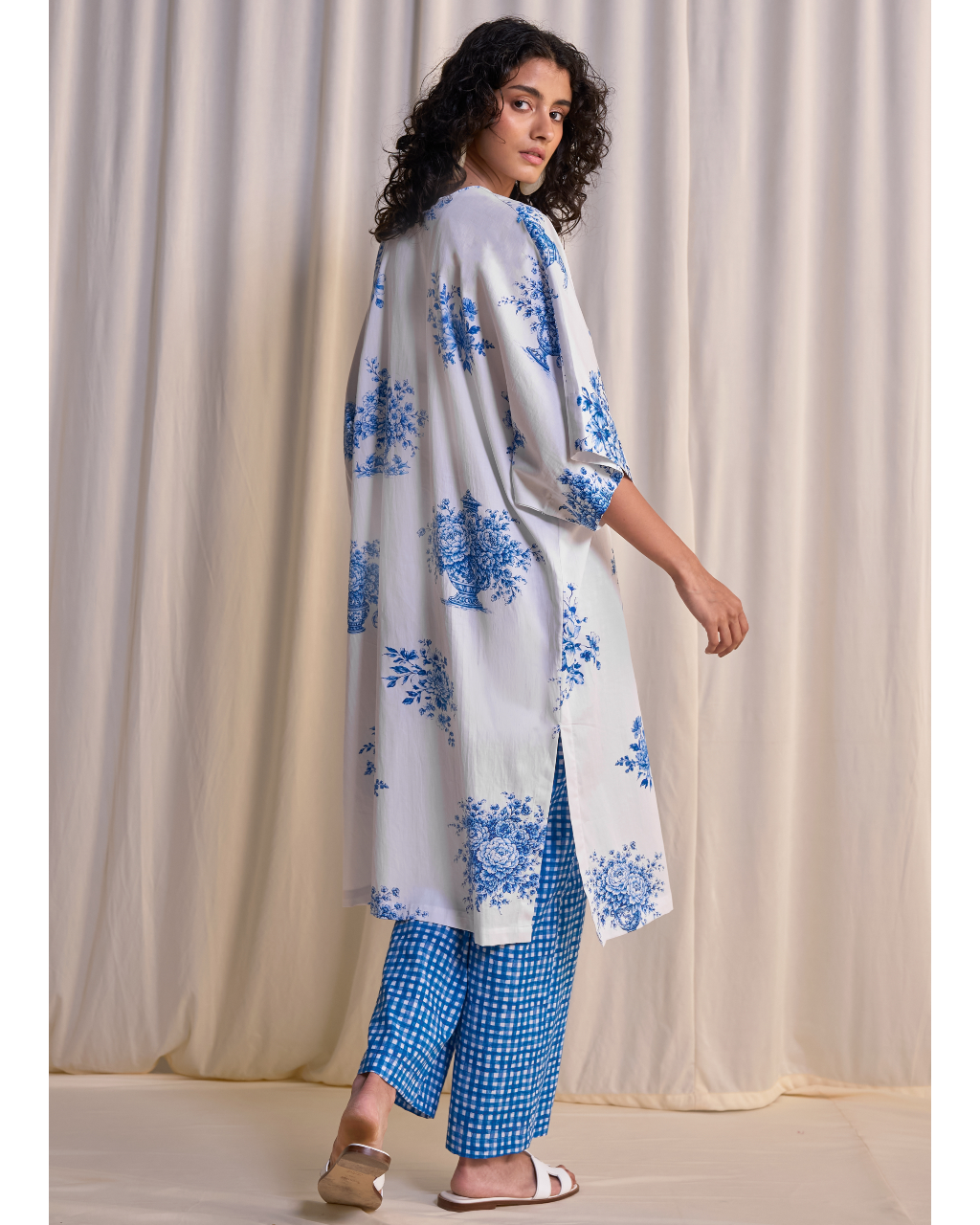 Linen Porcelain Print Motif Shirt & Madras Check Print Pant Set