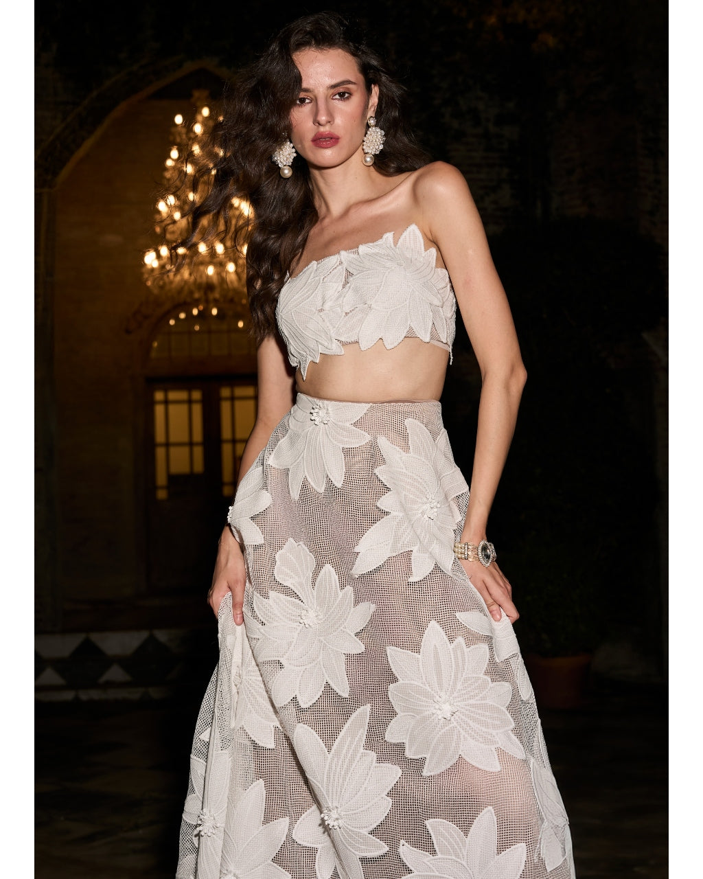 Floral Lace Appliqué Bandeau & Maxi Skirt Set