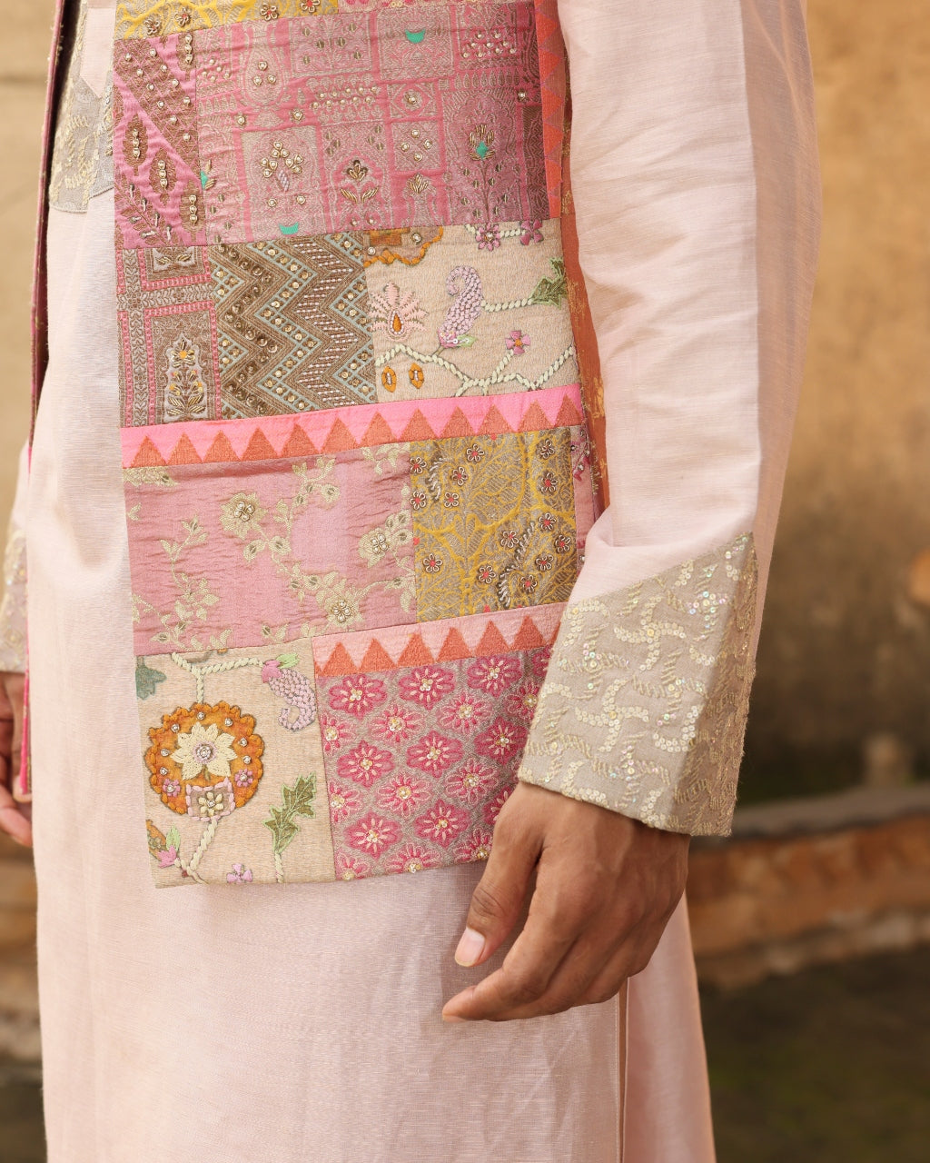 Blush Pink Silk Brocade Patchwork Bandi Set