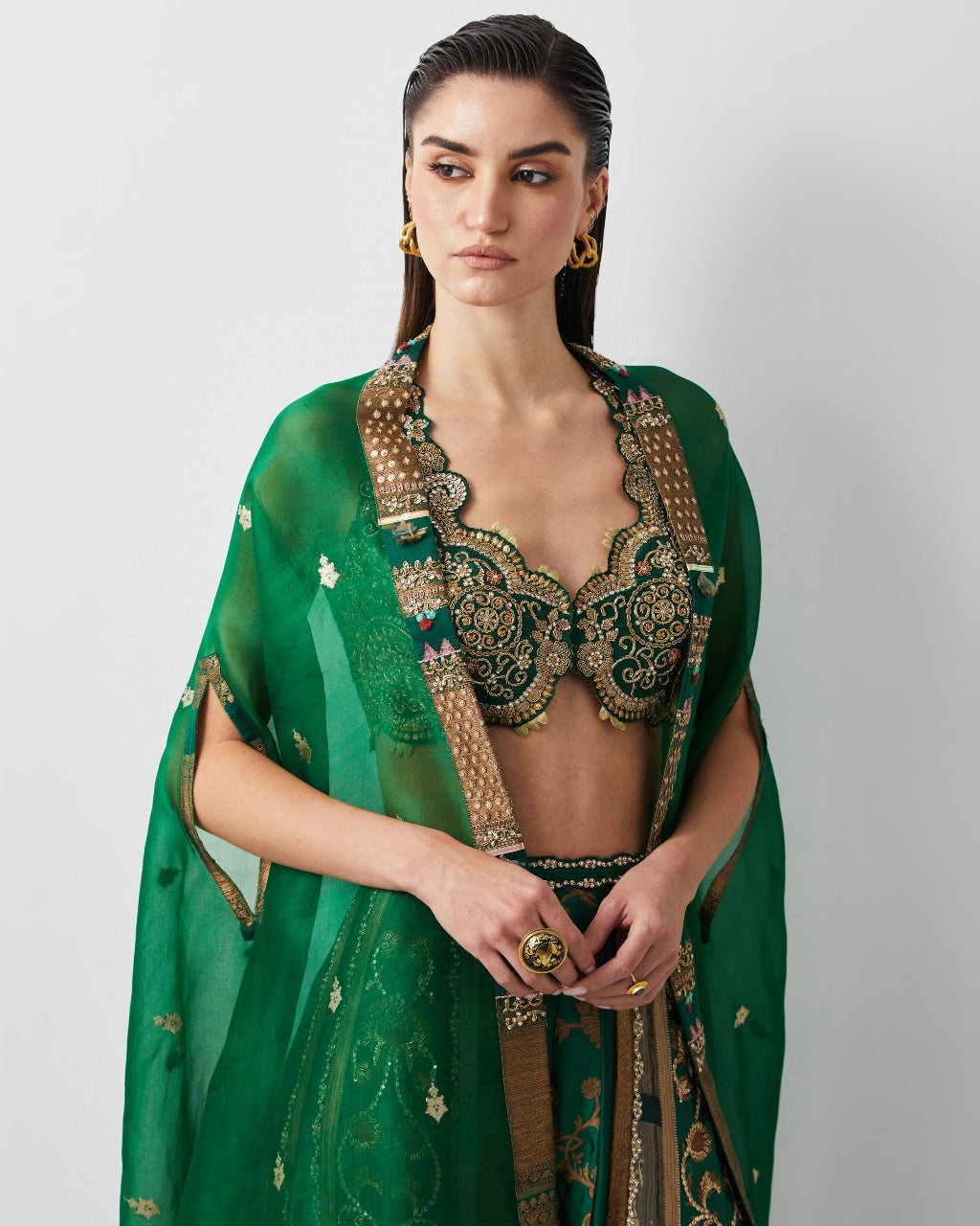 Emerald Green Hand Embroidered Cape Set