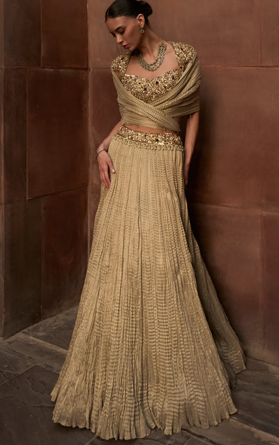Golden Tissue Crush Lehenga Set