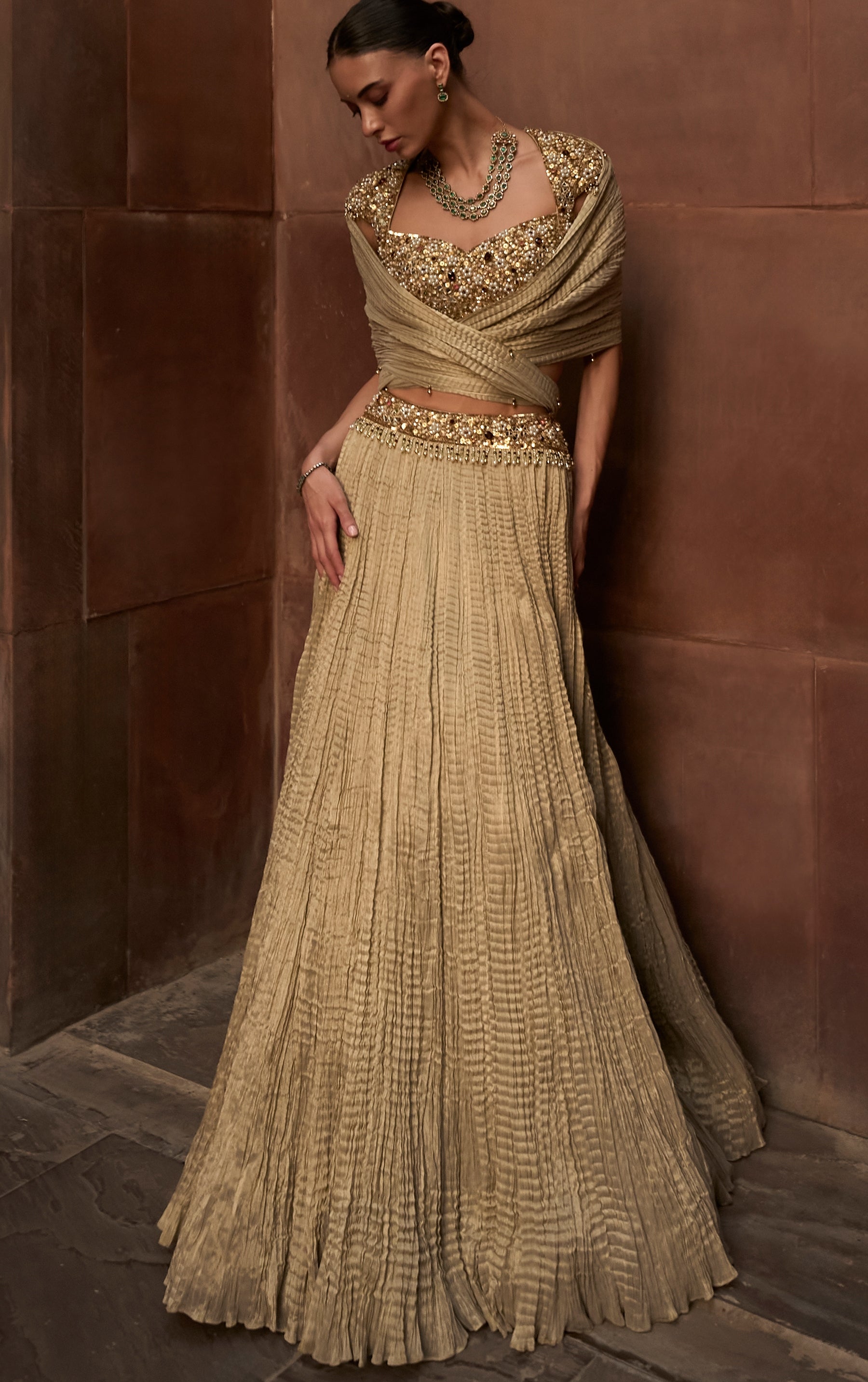 Golden Tissue Crush Lehenga Set