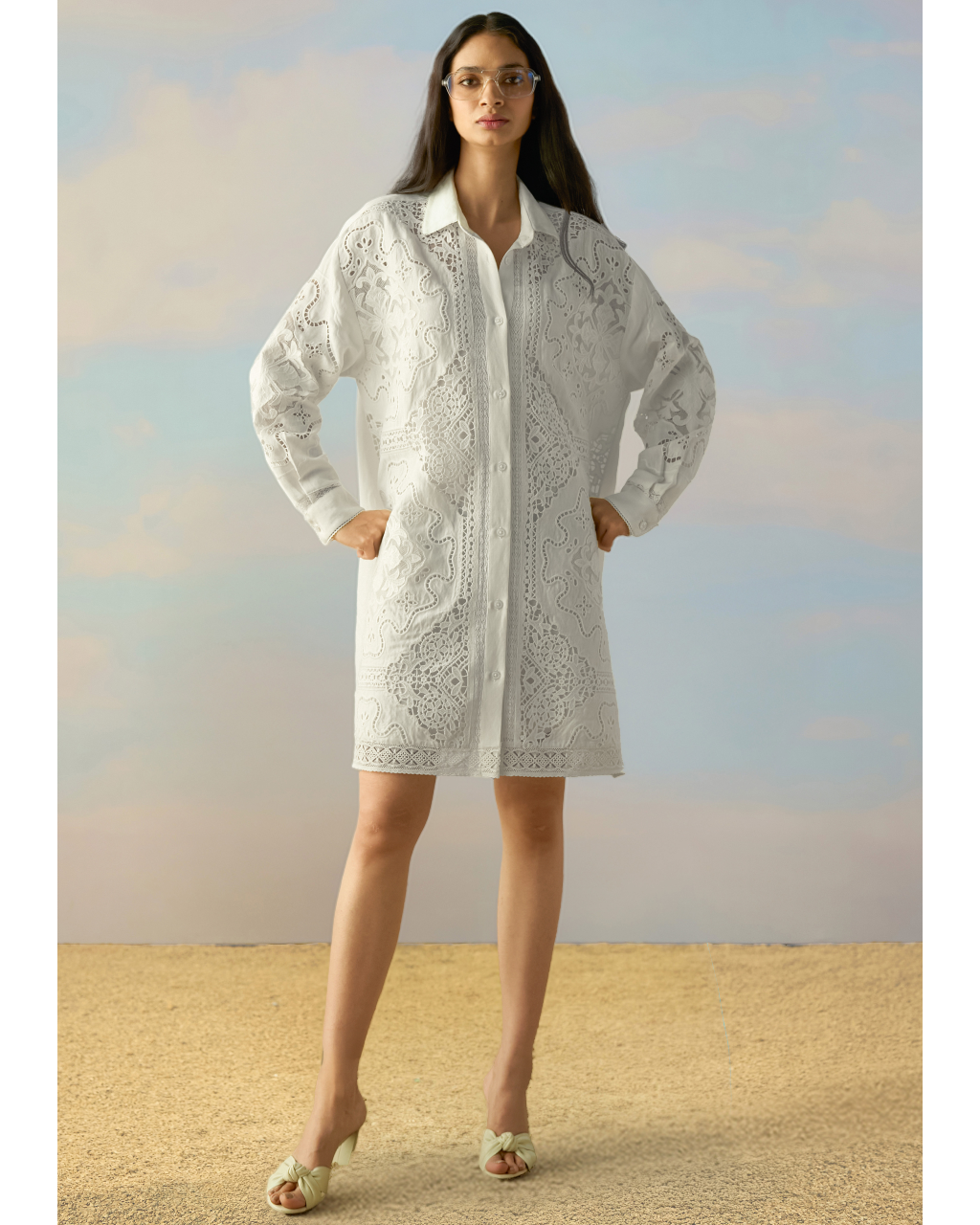 Linen Cutwork & Lace Embroidered Shirt Dress
