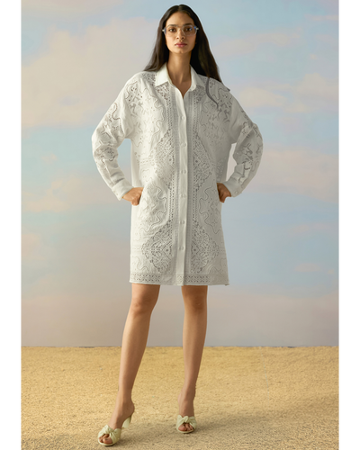 Linen Cutwork & Lace Embroidered Shirt Dress