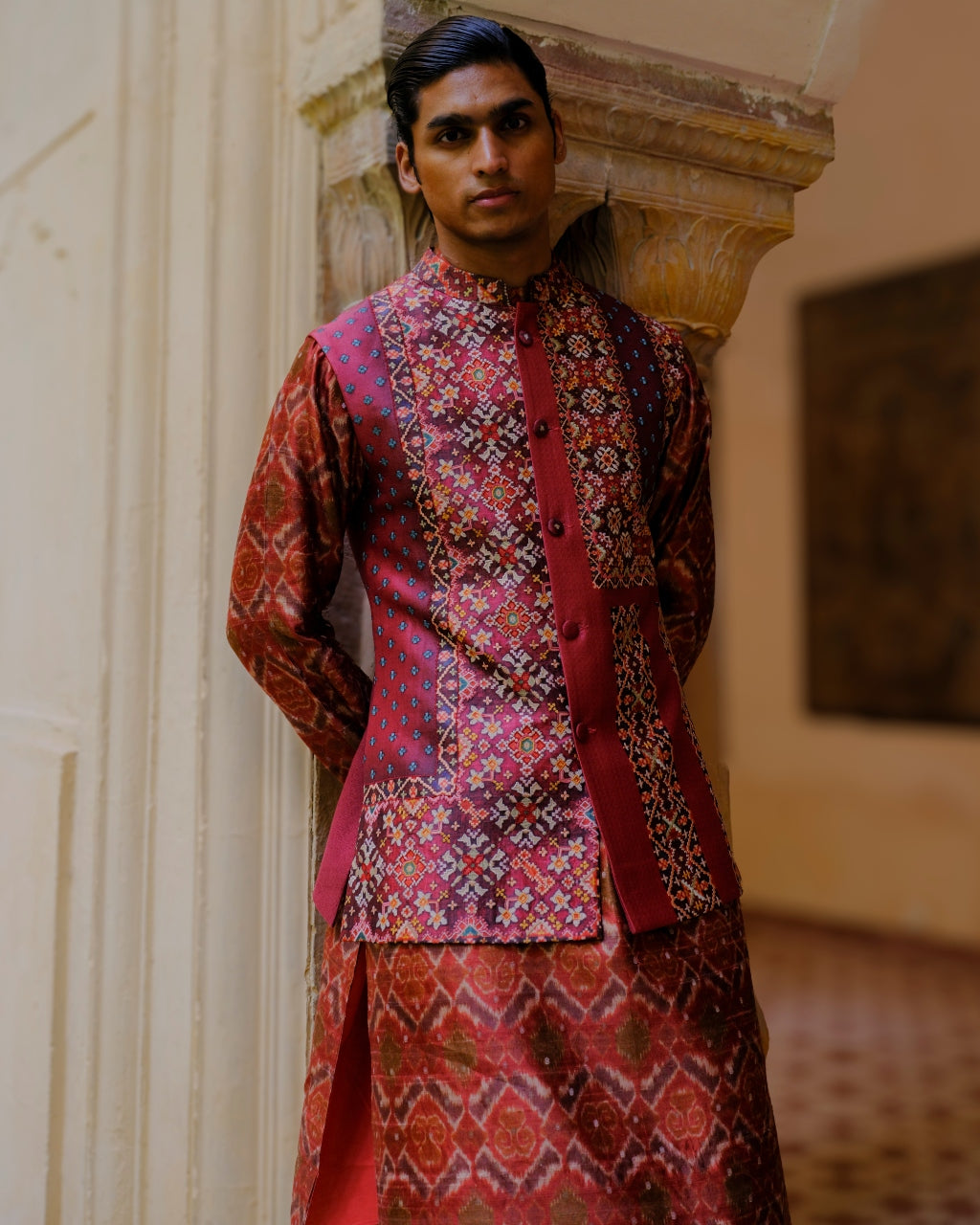 Rust Ikat Silk Bundi Set