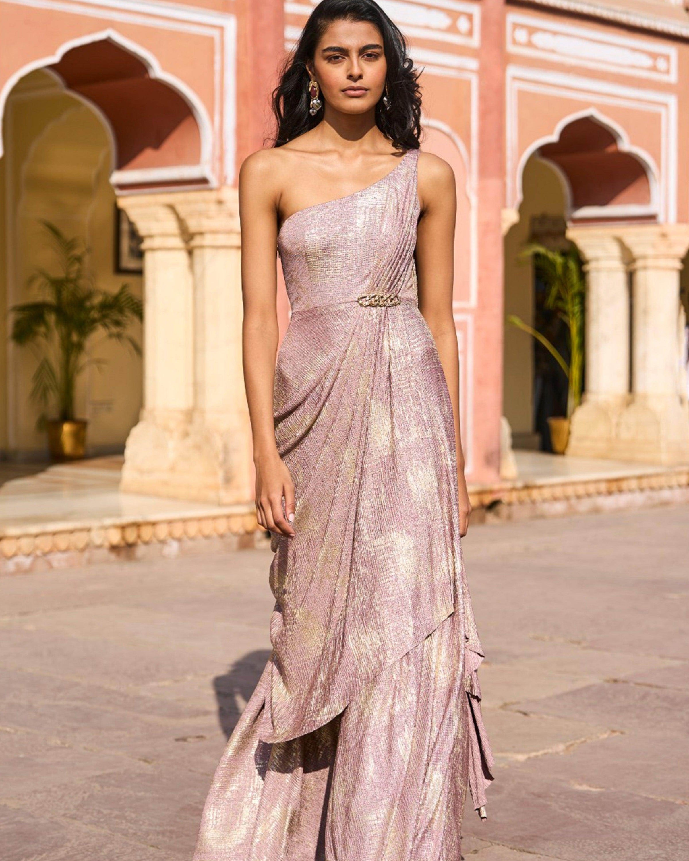 Blush & Gold Sari Drape Gown