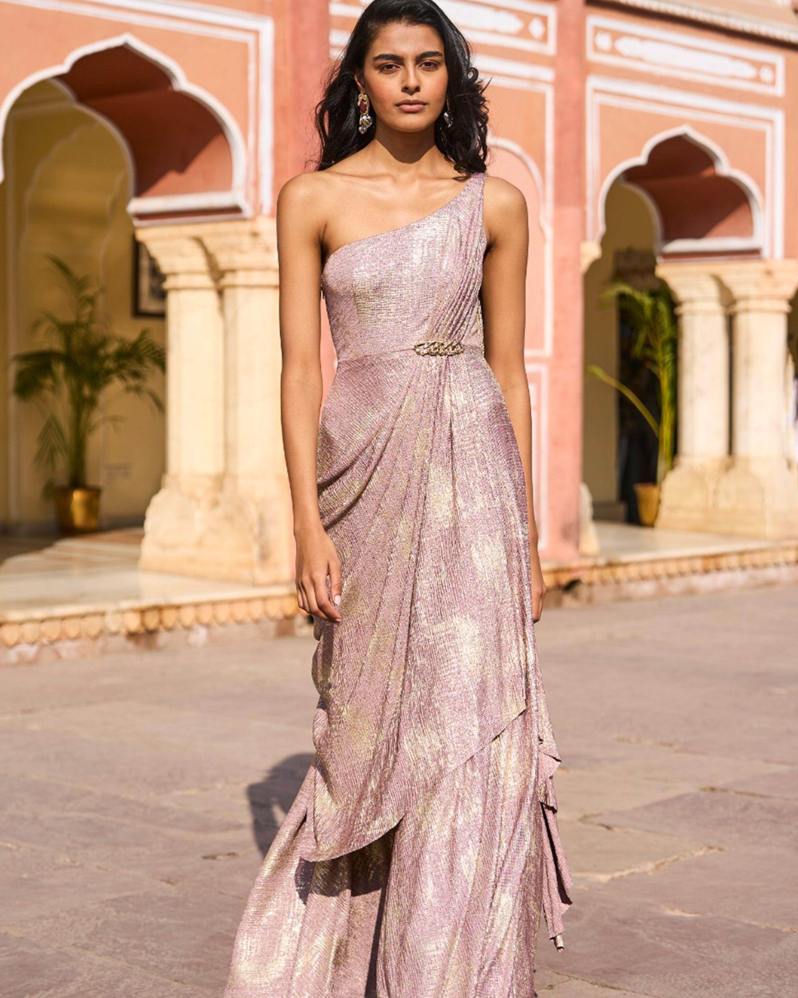 Blush & Gold Sari Drape Gown