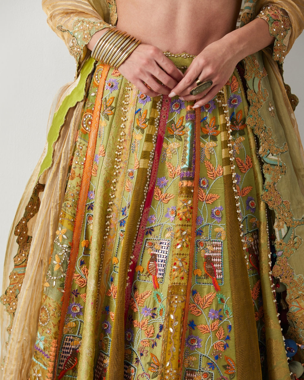 Lime Yellow Hand Embroidered Silk Lehenga Set