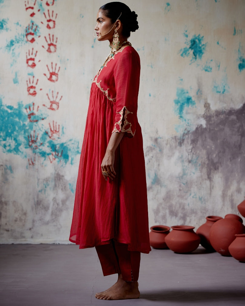 Red Gather Kurta Set
