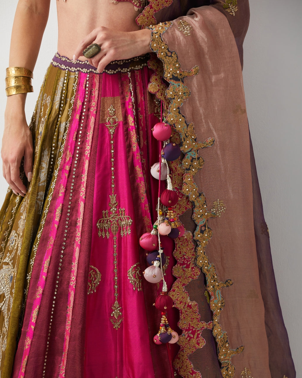Multicolour Tissue & Silk Hand Embroidered Lehenga Set