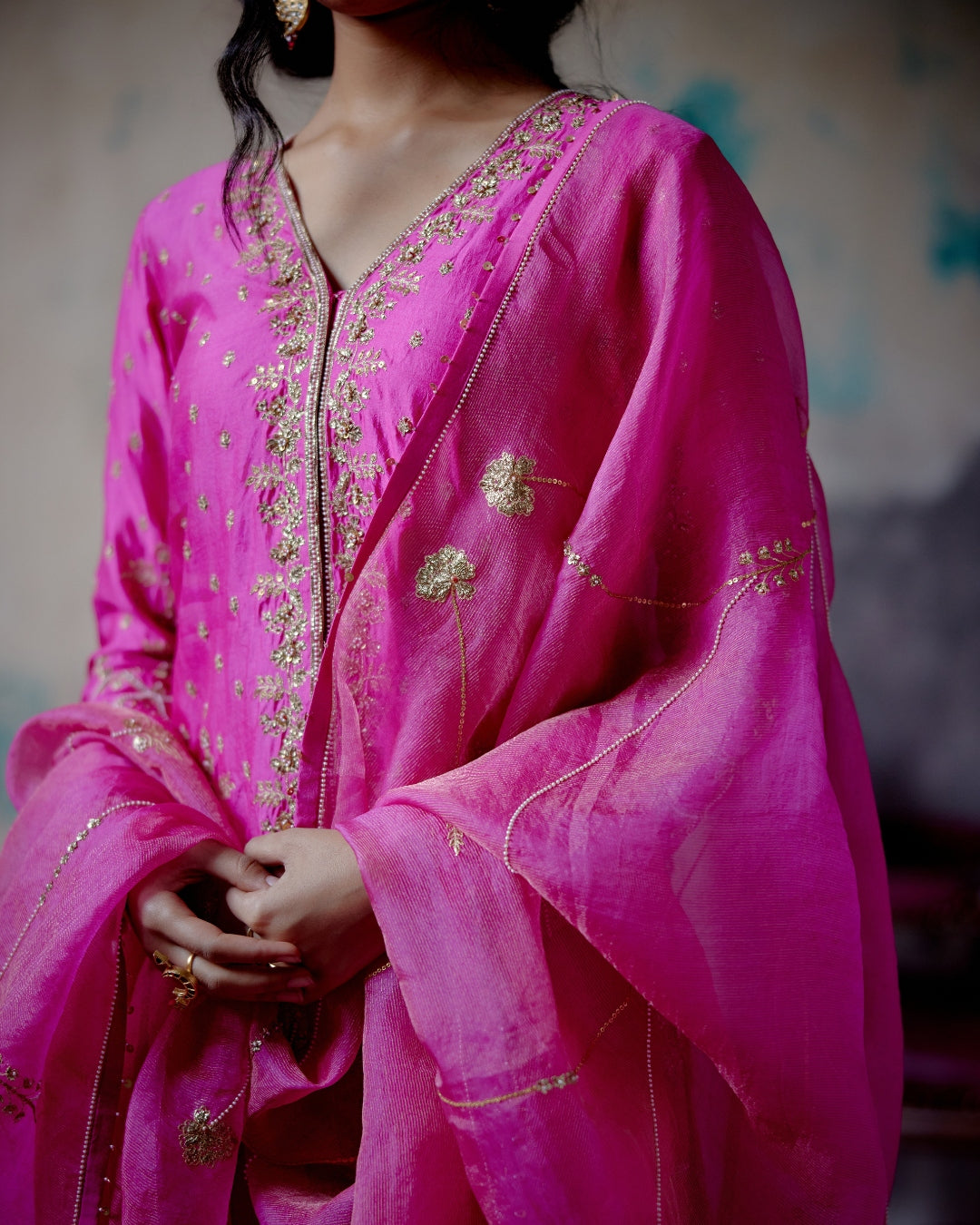 Fuchsia Pink Center Open Short Kurta Set