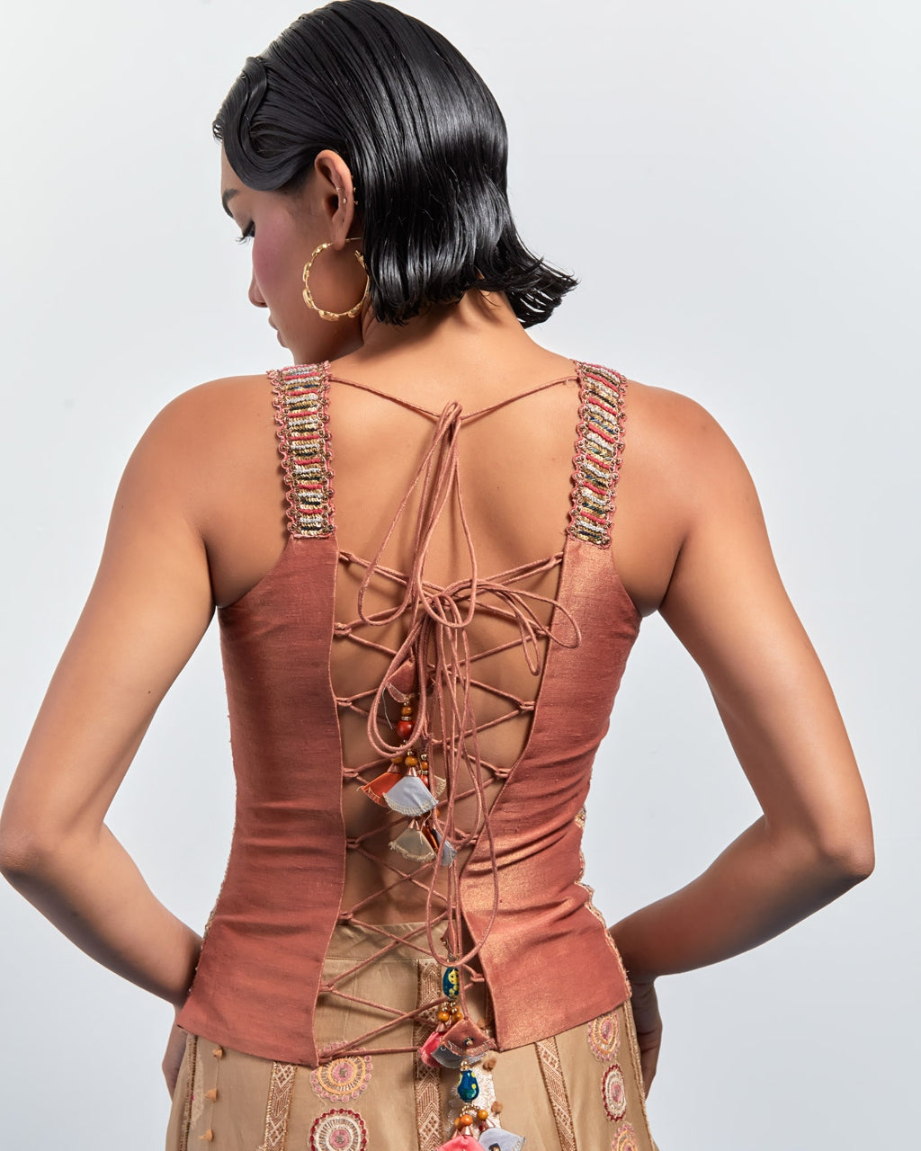 Beige Embroidered Skirt Corset Set