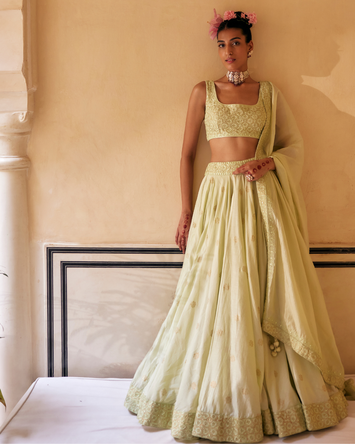 Mint Lehenga Paired With Blouse & Dupatta