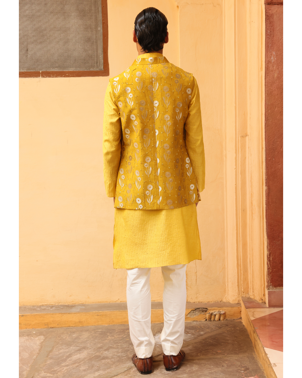 Marigold Yellow Silk Brocade Floral Bandi Set