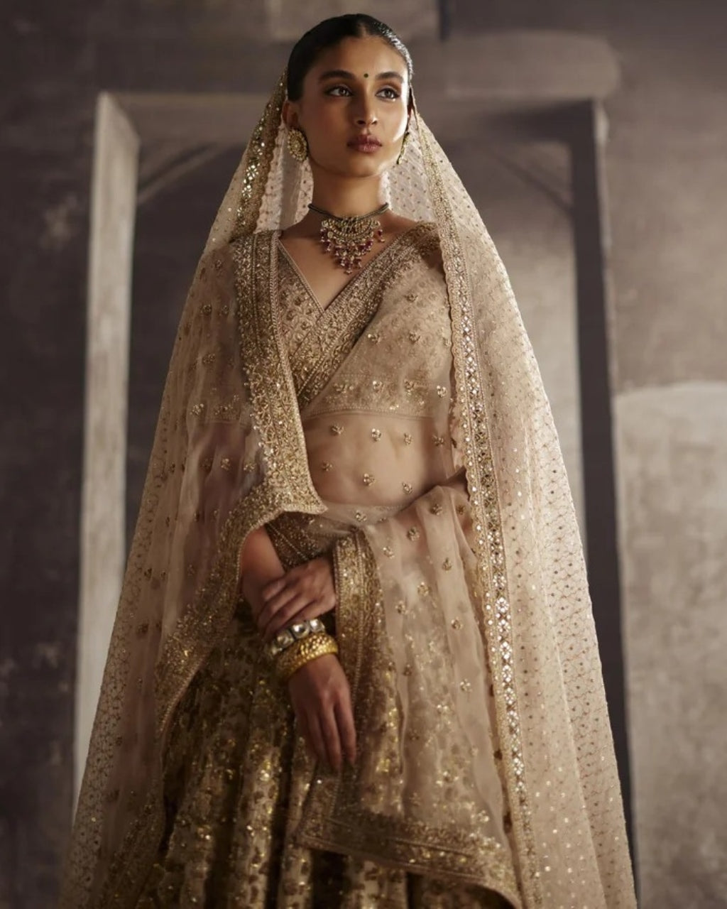 Ivory-Gold Sequin Jaal Lehenga