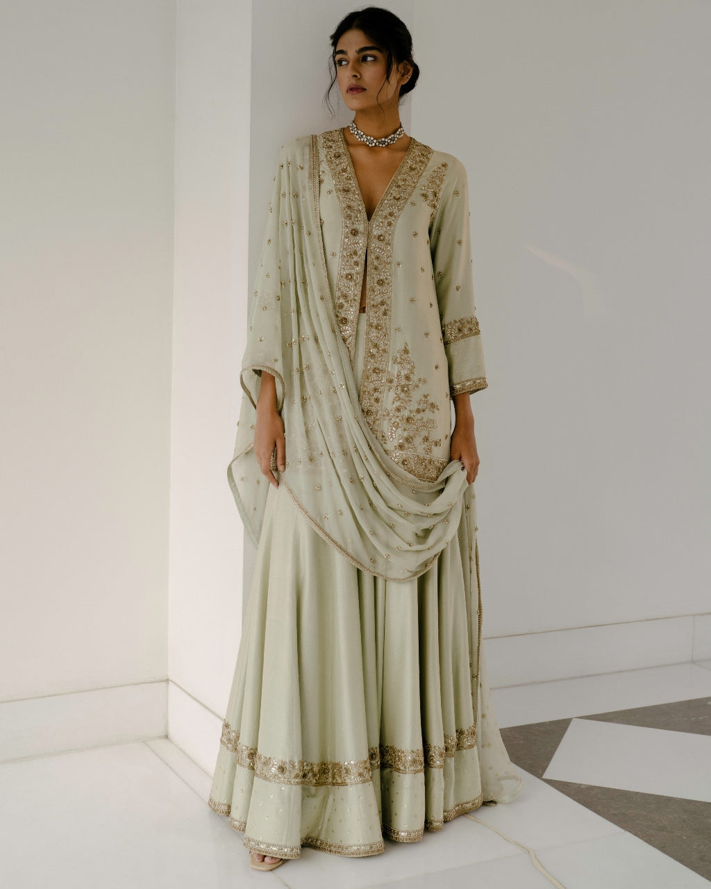 Gota & Dabka Front Open Kurta With Sharara