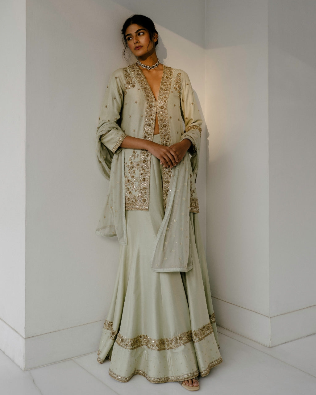 Gota & Dabka Front Open Kurta With Sharara