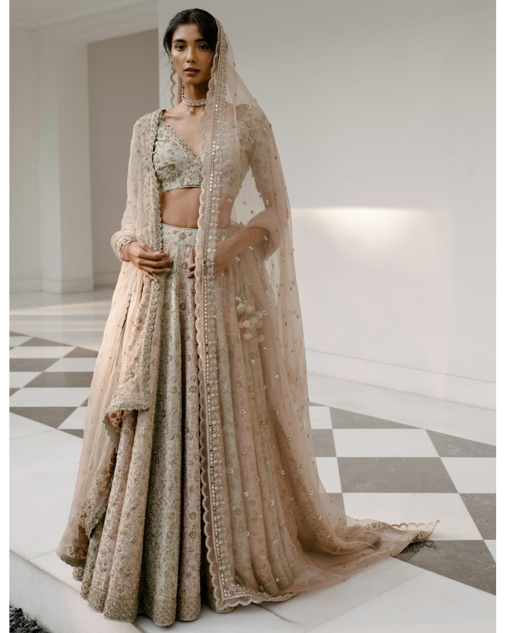 Tricolored Lehenga With Aari, Pearl & Dabka Work